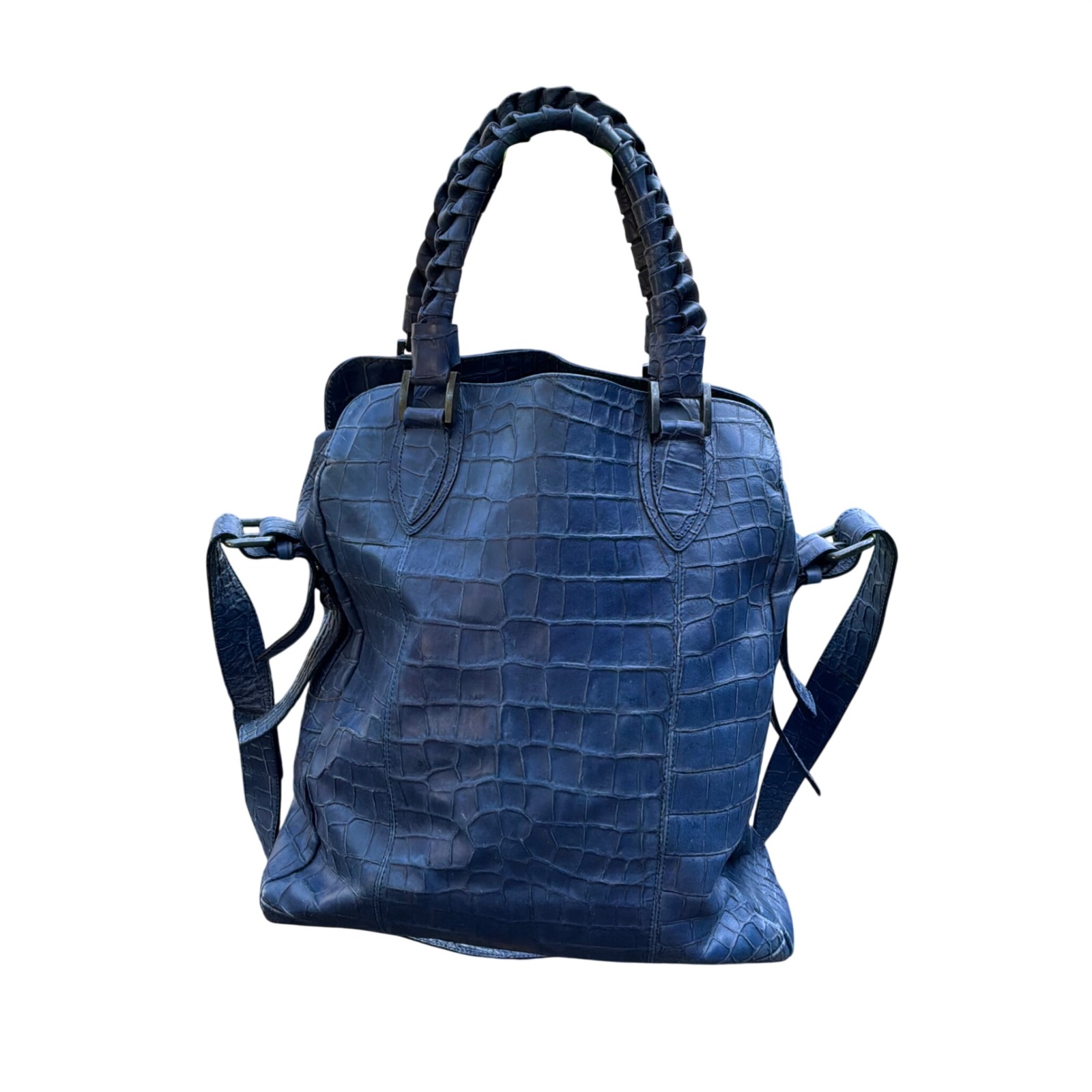 Falor Tote Bag Large Blue Croc Embossed Leather Braided Handles Made In Italy